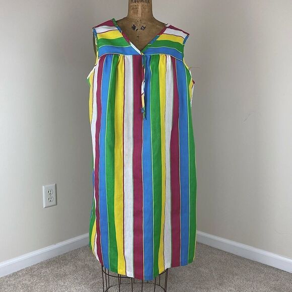Vintage Rainbow Striped Sleeveless Moo Moo Housecoat, Made in USA, Size 1X - Picture 1 of 10